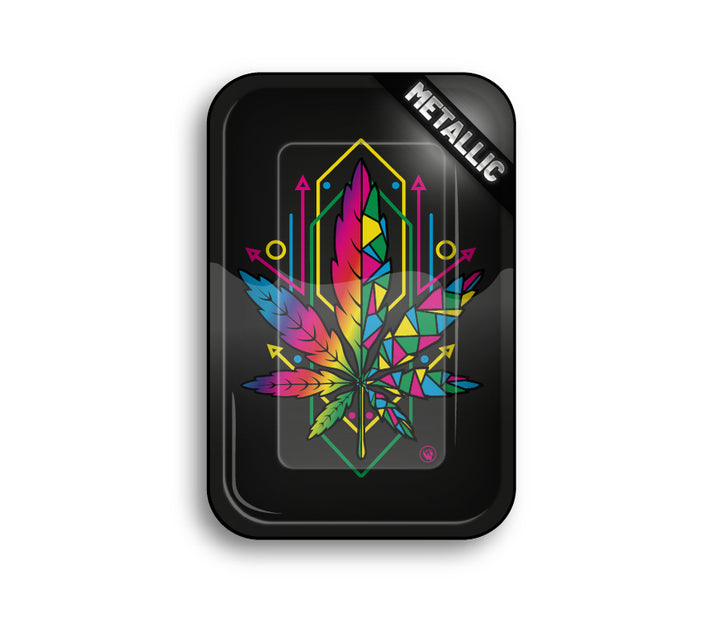 FireFlow Rolling Tray Metallic mit buntem geometrischem Hanfblatt auf Schwarz