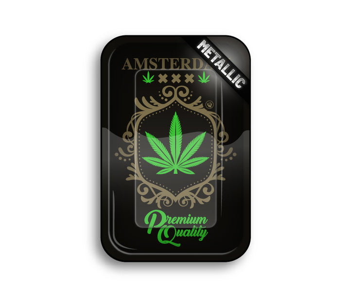 FireFlow Rolling Tray mit Amsterdam Schriftzug, grünem Hanfblatt und goldenen Ornamenten