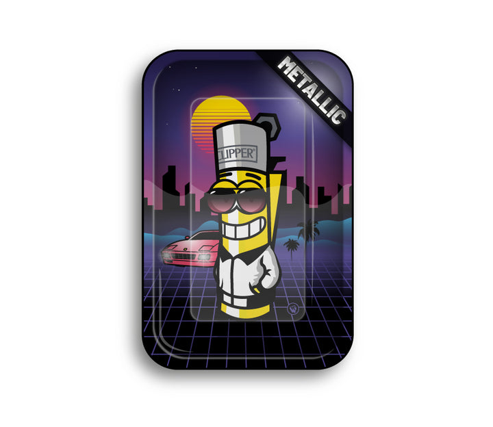 Rolling Tray mit Clipperman Figur im Retrowave Design mit Sonnenuntergang