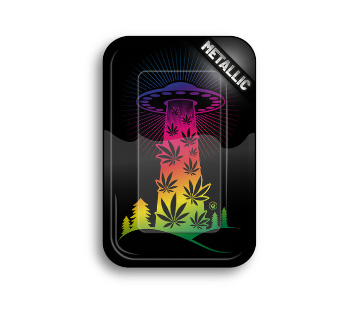 FireFlow Rolling Tray mit buntem 420 Ufo Motiv auf schwarzem Metall, Draufsicht