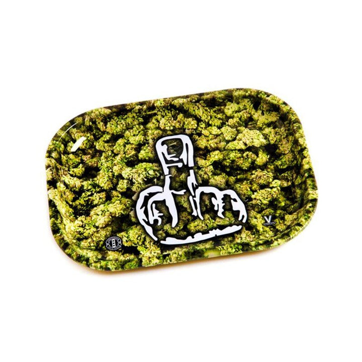 V Syndicate Rolling Tray Finger mit Mittelfinger-Grafik und Krone auf Buds-Hintergrund