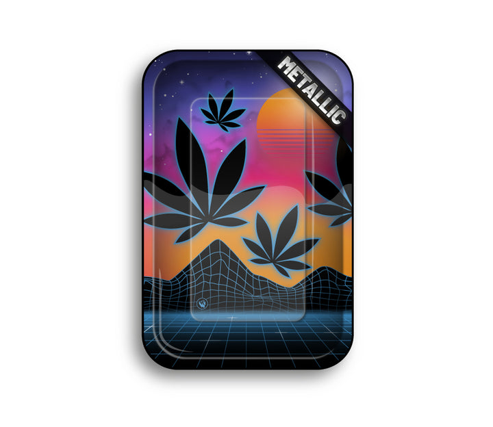 FireFlow Metallic Rolling Tray mit Hanfblättern vor Sonnenuntergang im Retro-Stil