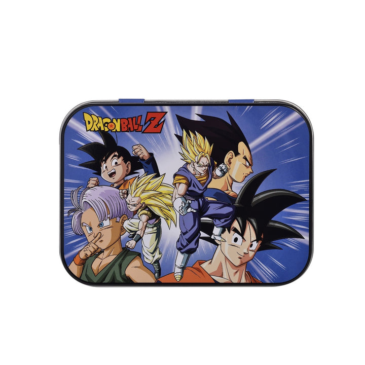Dragon Ball Z Metalldose mit Son Goku, Vegeta und Trunks auf blauem Hintergrund