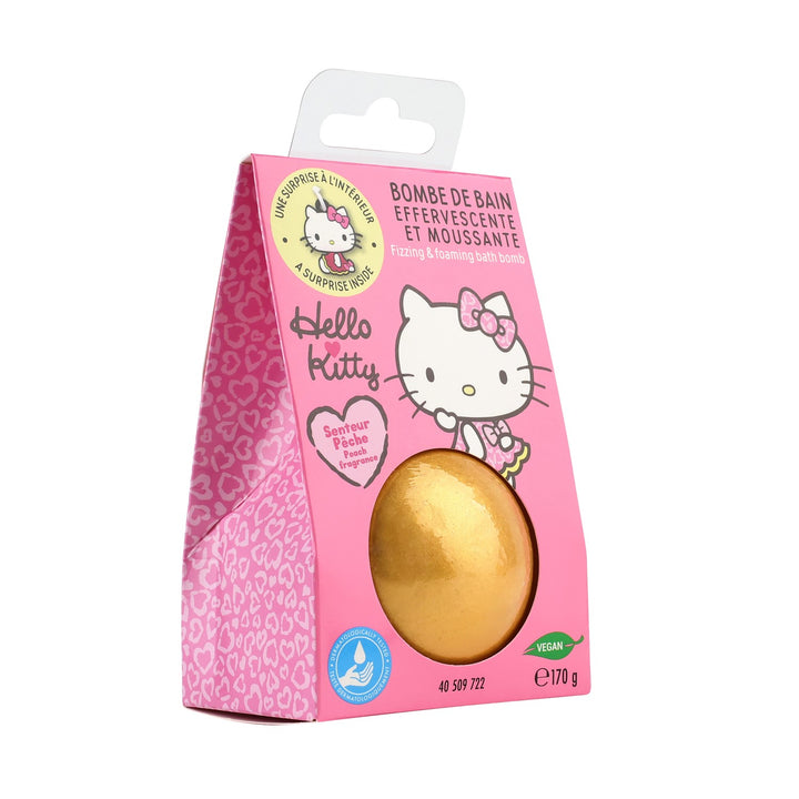 Take Care Hello Kitty Badebombe Pfirsich in rosa Verpackung mit goldener Badekugel 170 g