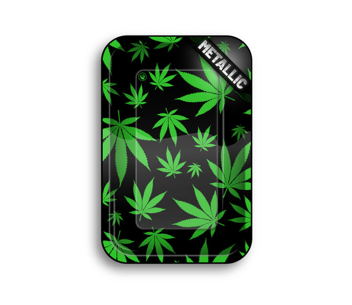 FireFlow Rolling Tray Metallic mit grünen Hanfblättern auf schwarzem Grund
