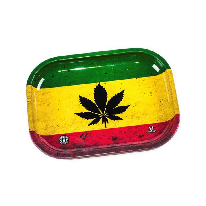 V Syndicate Rolling Tray mit schwarzem Hanfblatt auf Rasta Farben Streifen