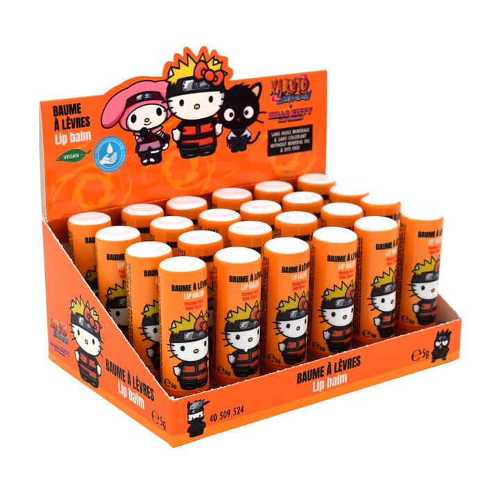 Orangefarbenes Display mit 24 Take Care Lippenbalsam Sticks Hello Kitty x Naruto