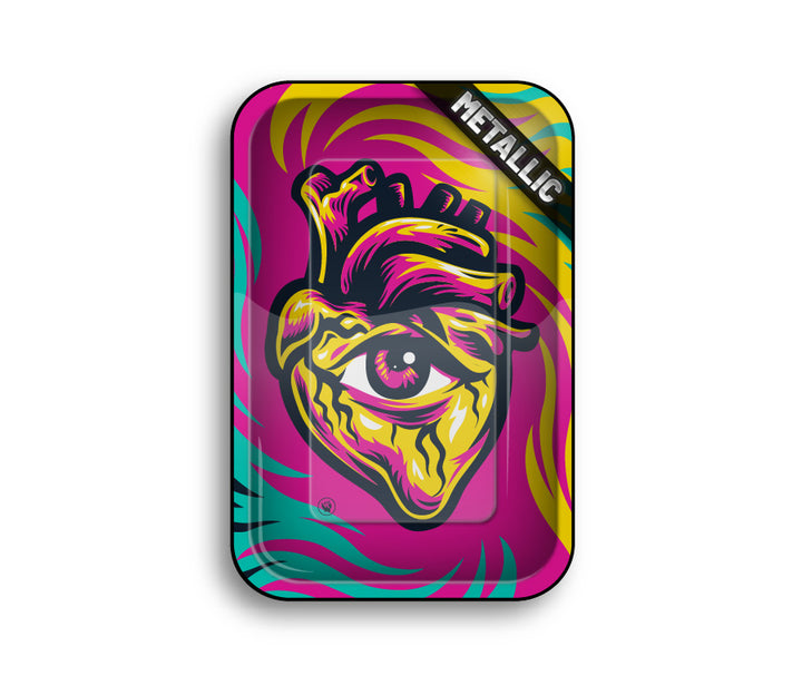 FireFlow Rolling Tray Hearts mit buntem Herz-Motiv und Auge in Pink, Gelb und Türkis