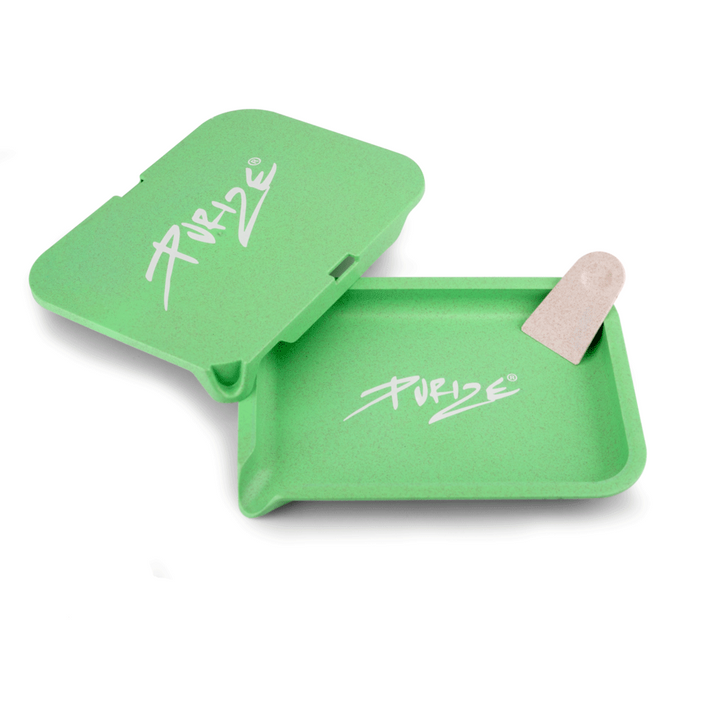 Grünes Purize Rolling Tray Kit aus Pflanzenfasern mit Deckel und weissem Logo