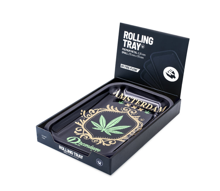 Metallschale mit Amsterdam Motiv in geöffneter FireFlow Rolling Tray Verkaufsbox