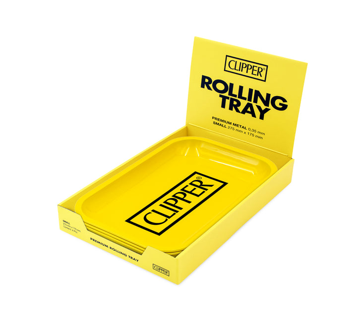 Gelbe Clipper Rolling Tray Display-Box geöffnet mit Tray und Logo Aufdruck