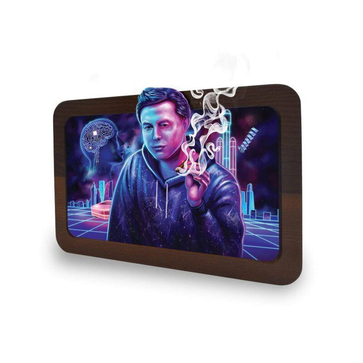 V Syndicate 3D Holz Rolling Tray mit rauchendem Mann vor Neon Stadt Kulisse