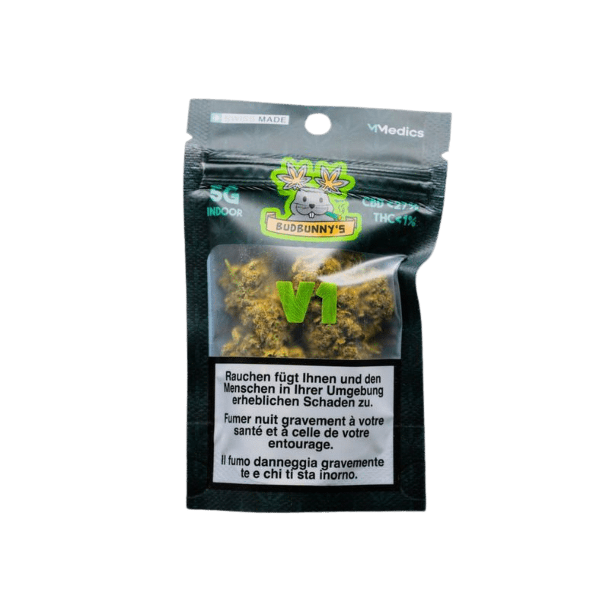 BudBunny V1 Indoor CBD Blüten 5g Packung Vorderseite