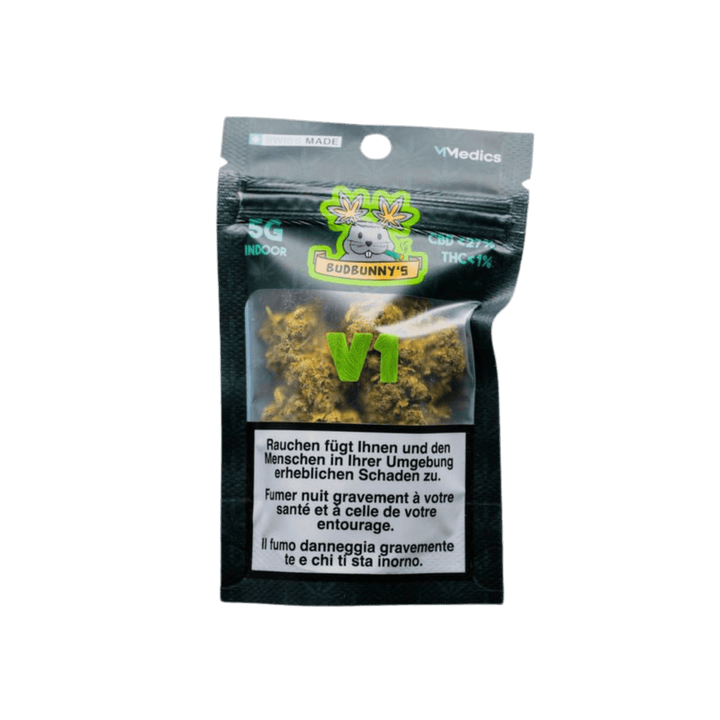 BudBunny V1 Indoor CBD Blüten 5g Packung Vorderseite