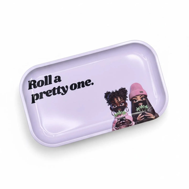 Glossy Genetics Rolling Tray Rosa mit Roll a pretty one Schriftzug und zwei Figuren