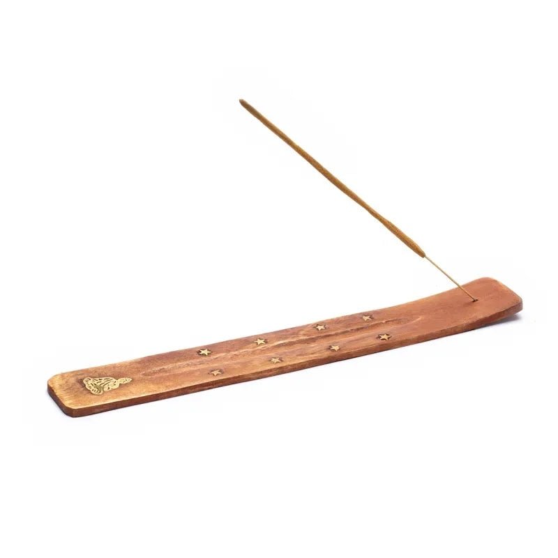 Räucherstäbchenhalter aus Holz mit Buddha-Emblem aus Metall