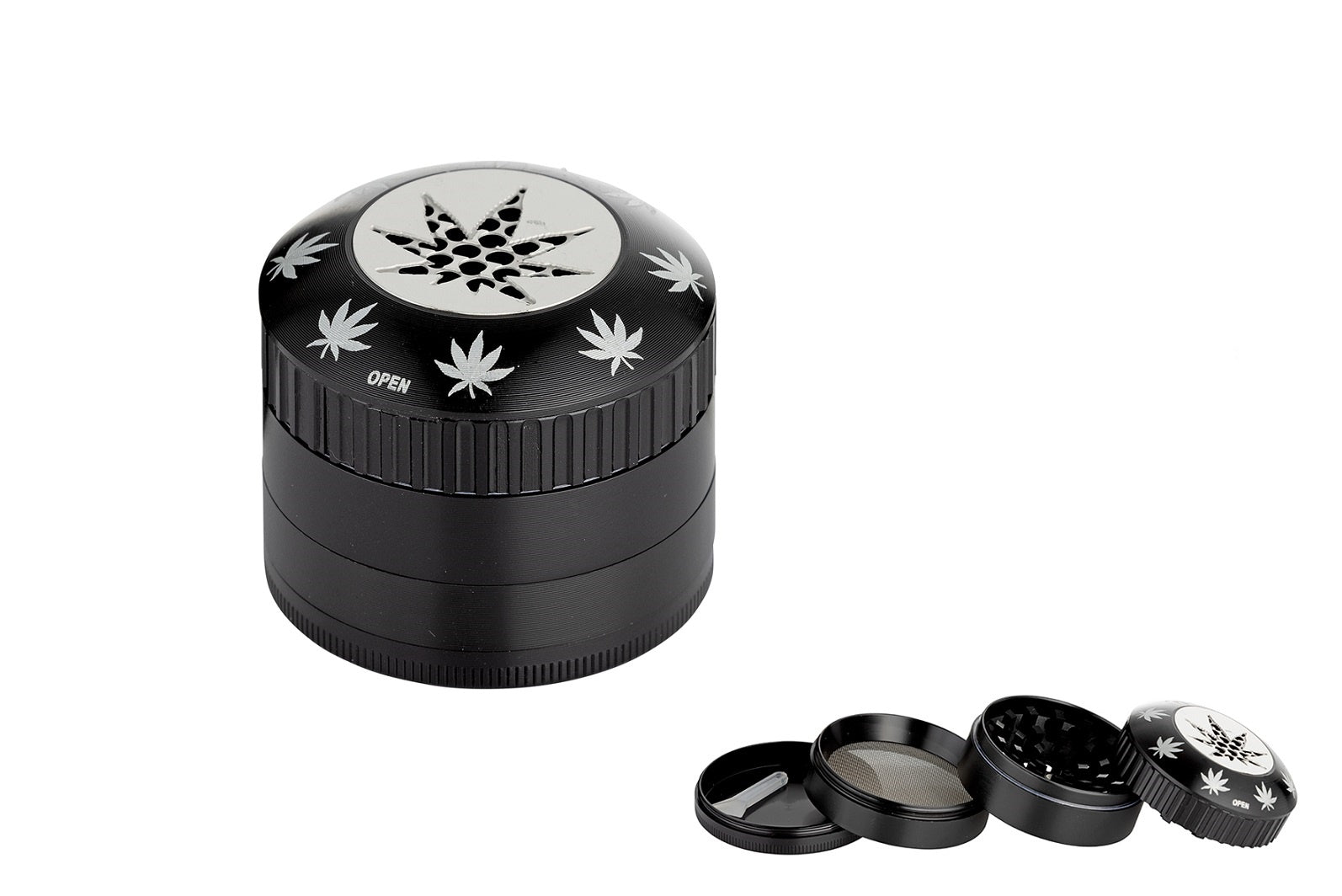 Alu-Grinder 4-teilig, 50 mm, Hanfblatt Schwarz – Mühle für Kräuter und Tabak
