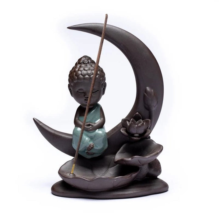 Buddha auf Mond Rückfluss Räuchergefäss mit Lotusblatt Ansicht