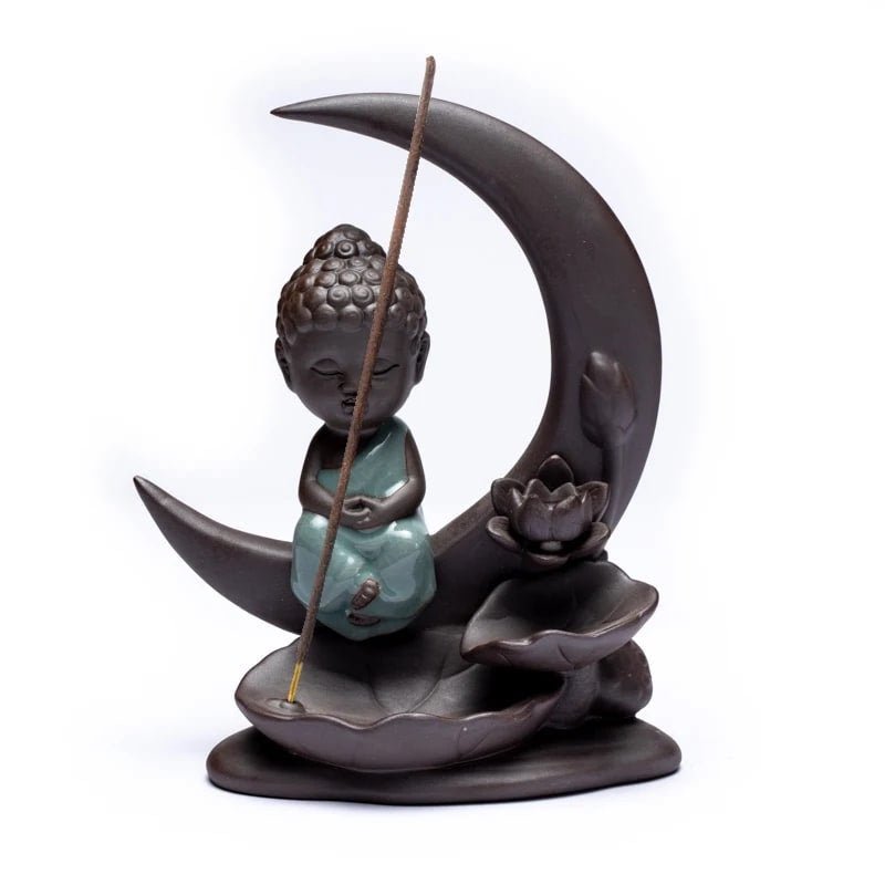 Buddha auf Mond Rückfluss Räuchergefäss mit Lotusblatt Ansicht