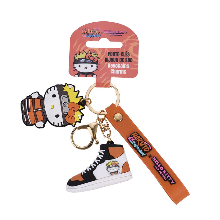 Schlüsselanhänger Hello Kitty x Naruto mit Sneaker Anhänger und orangem Band an Verpackungskarte