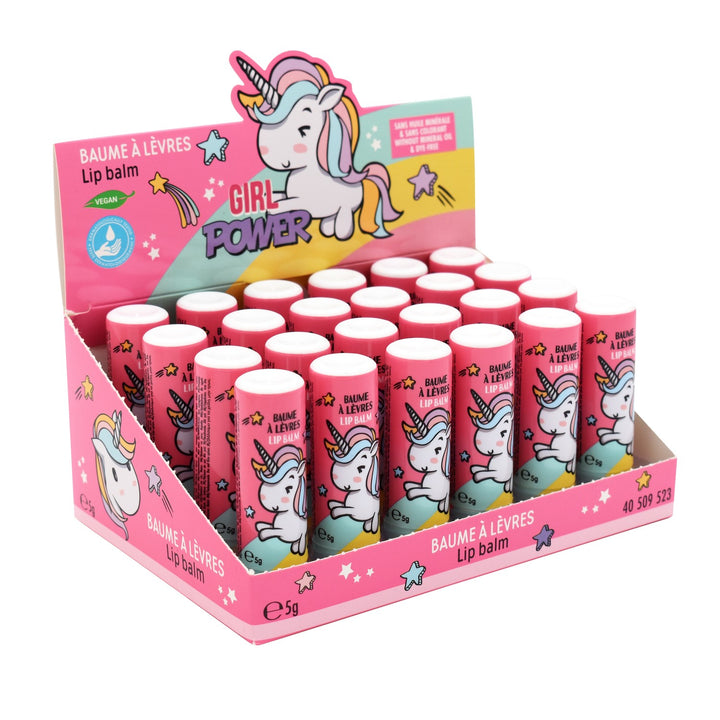 Take Care Display geöffnet mit 24 Lippenbalsam Sticks Unicorn in Pink mit Girl Power Aufdruck
