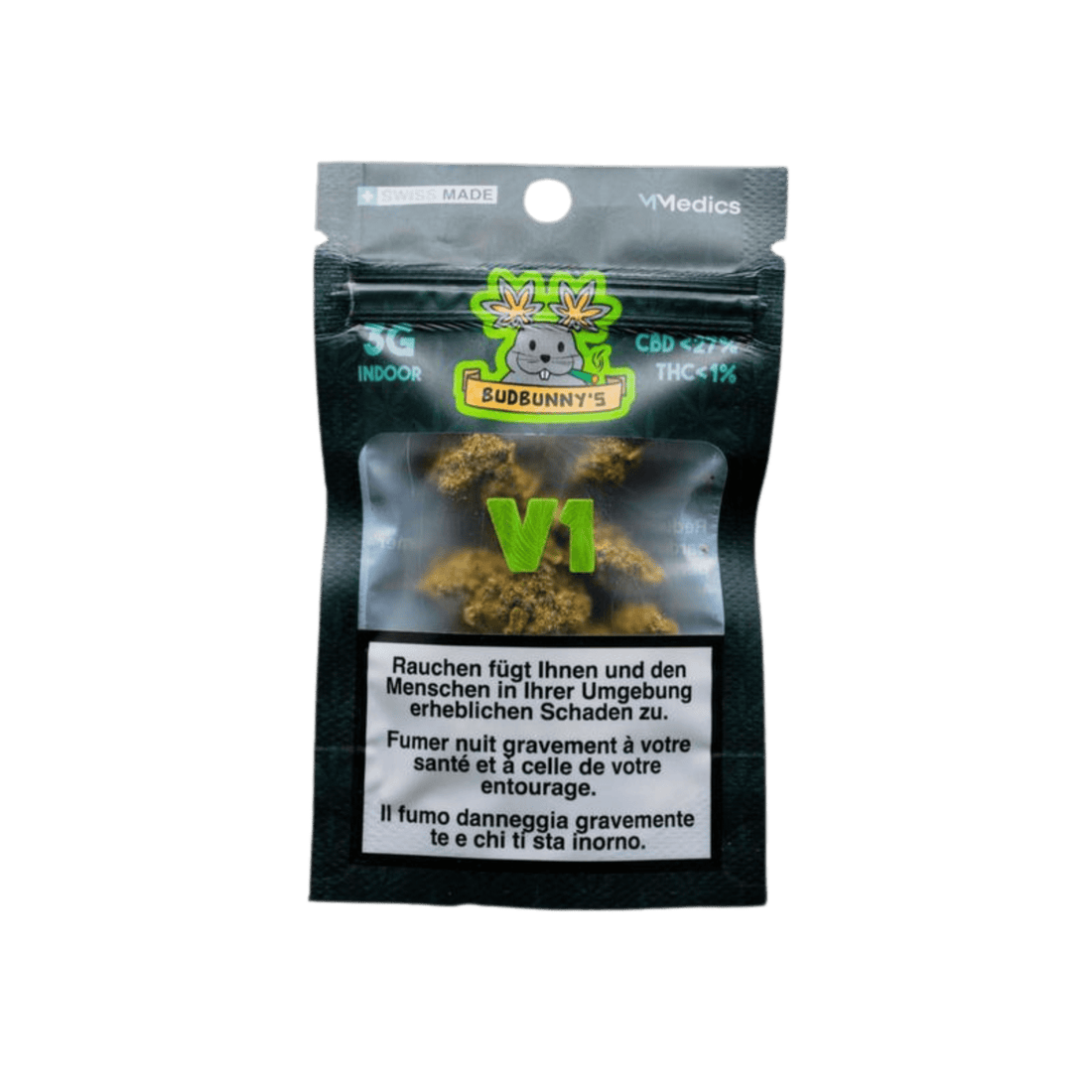 BudBunny V1 Indoor CBD Blüten 3g Packung Vorderseite