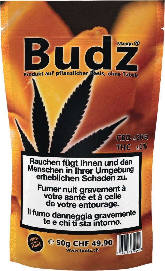 Budz Mango Outdoor CBD 50g Packung Nahaufnahme
