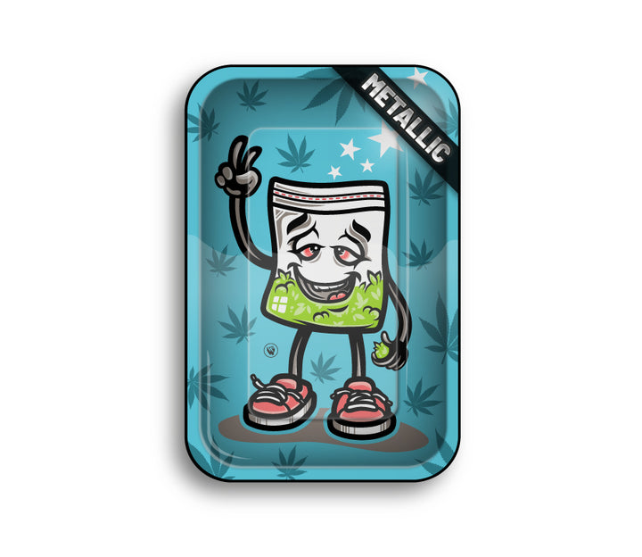 FireFlow Rolling Tray 420 Characters in Türkis mit Cartoon-Beutel-Figur und Hanfblättern
