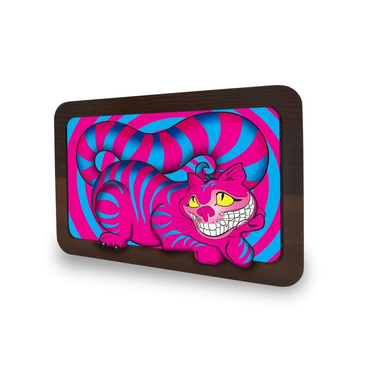 V Syndicate 3D Wood Rolling Tray Seshigher Cat mit grinsender pinker Katze auf Spiralmuster