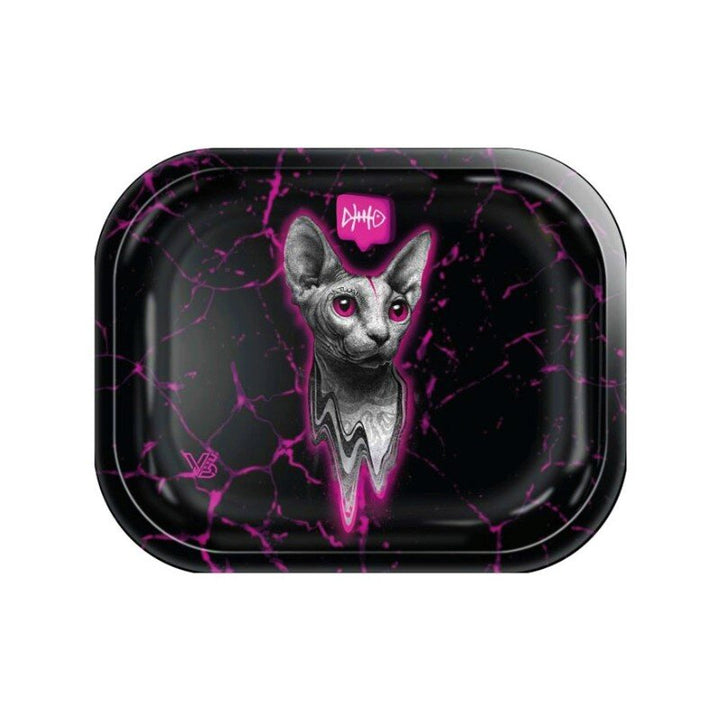 V Syndicate Rolling Tray Schwarz mit Sphynx Katze und pinkem Marmor Muster