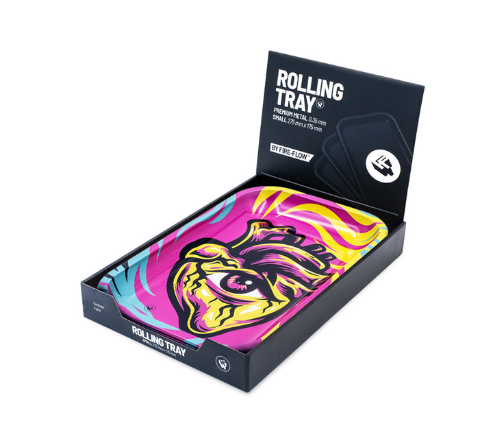FireFlow Rolling Tray Hearts im Display-Karton, Metallschale mit Herz-Design sichtbar