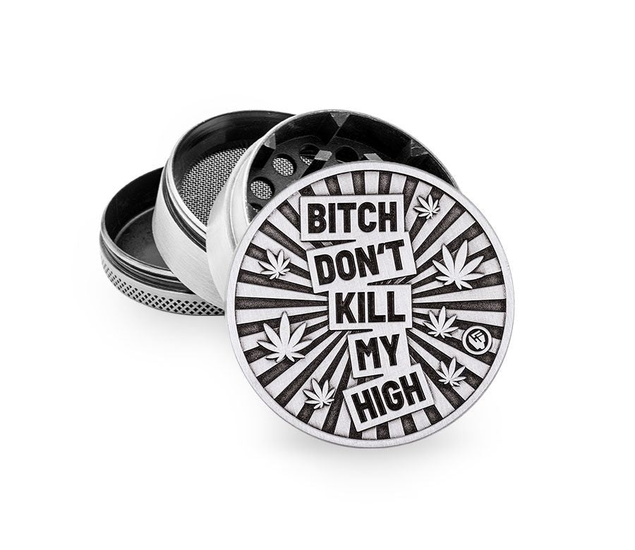 FireFlow Metall-Grinder «Bitch Dont Kill My High» Silver 5 cm 4-teilig (4 Stk.)