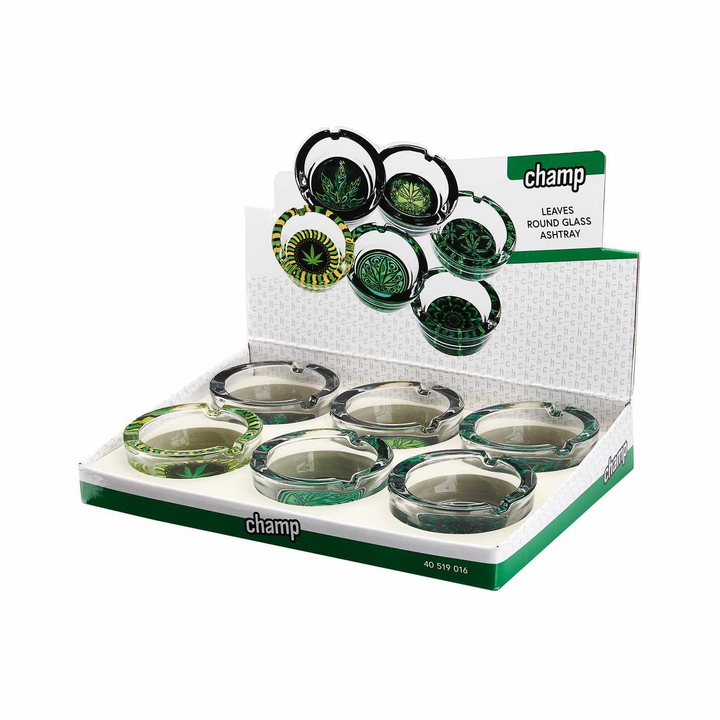 Display mit 6 Hemp Leaves Glas Aschenbechern rund