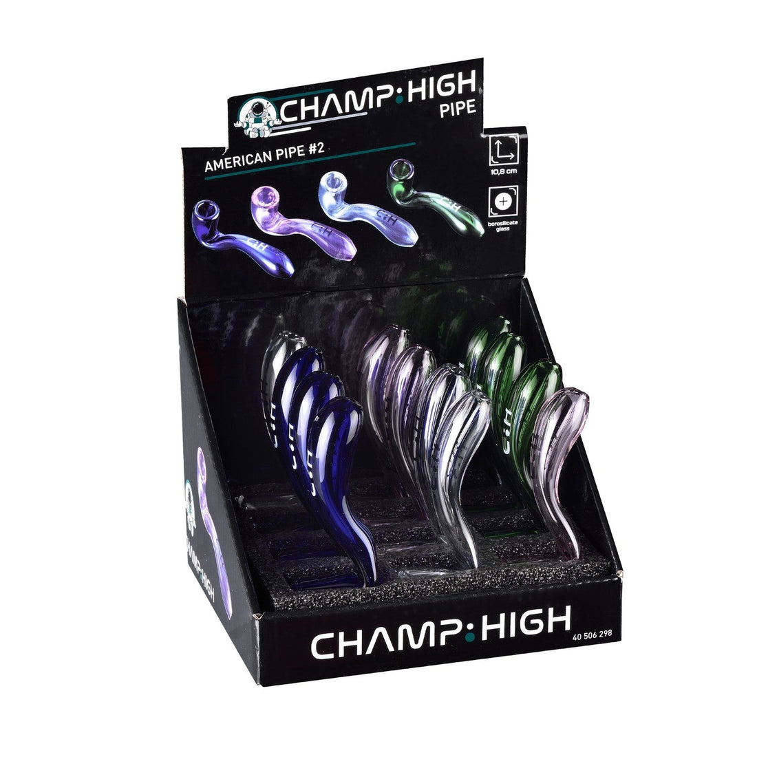 Display mit 12 Champ High American Pipe Pfeifen 108 mm