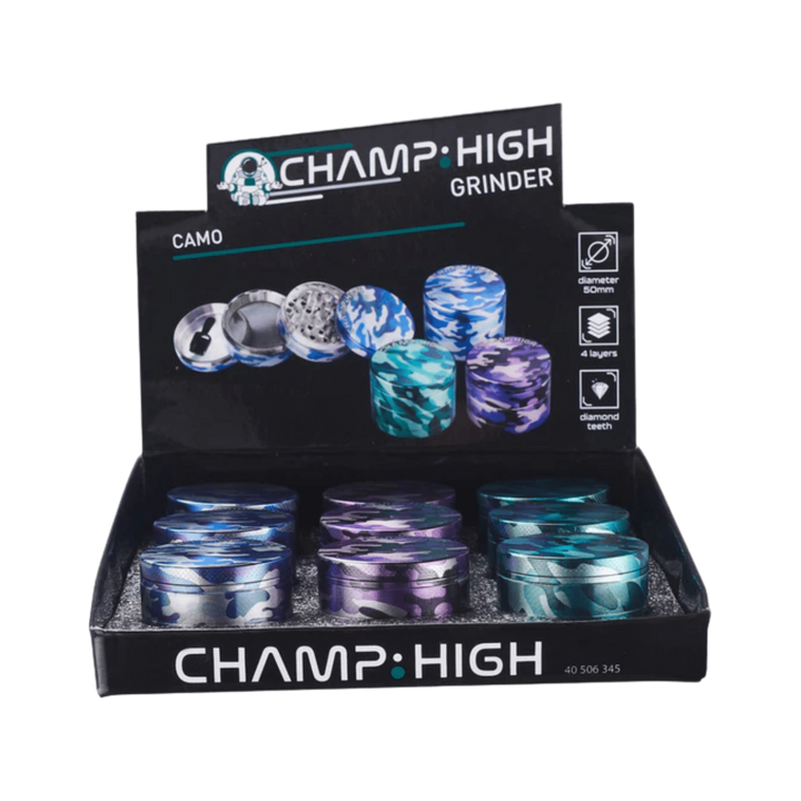 Display mit 9 Champ High Camouflage Grindern 50 mm