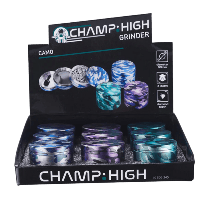 Display mit 9 Champ High Camouflage Grindern 50 mm