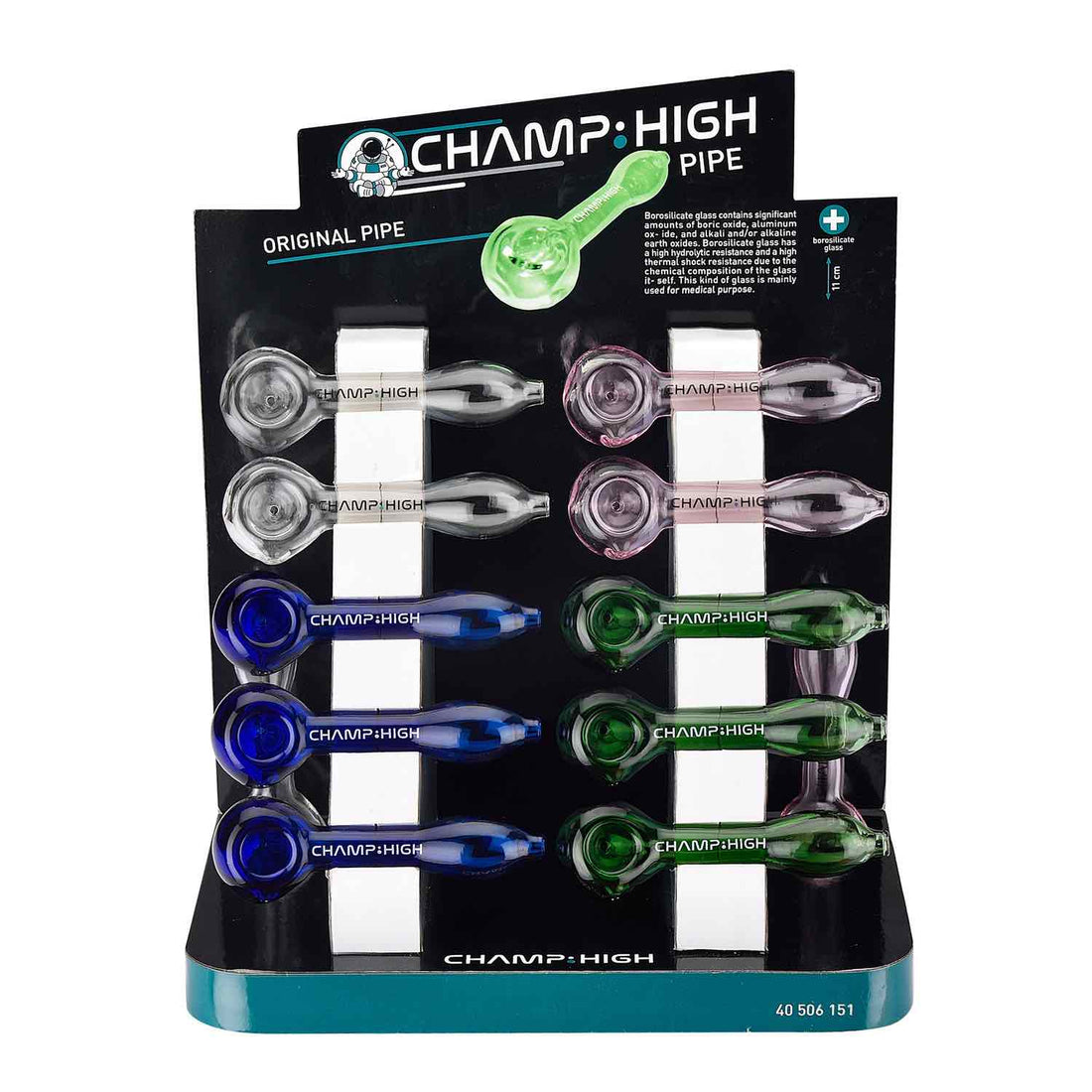 Display mit 12 Champ High Original Glaspfeifen 110 mm