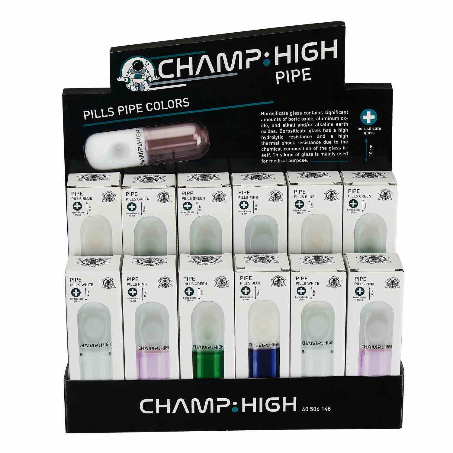 Display mit 12 Champ High Glaspfeifen Pills 100 mm