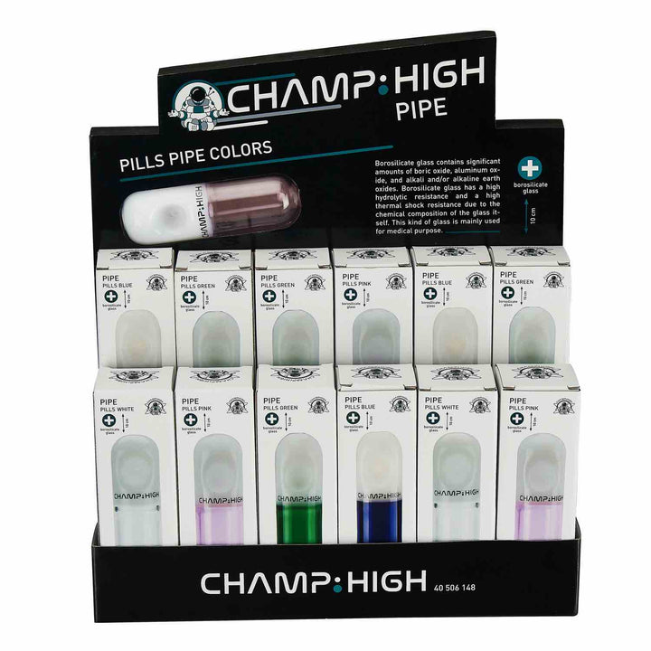 Display mit 12 Champ High Glaspfeifen Pills 100 mm