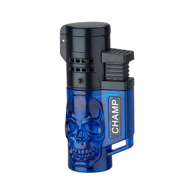Blaues Champ Skull Feuerzeug mit 2 blauen Flammen