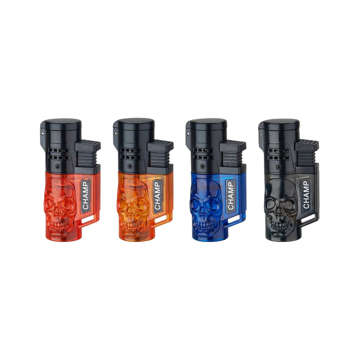 Champ Skull Feuerzeug mit 2 blauen Flammen in Rot, Orange, Schwarz und Blau