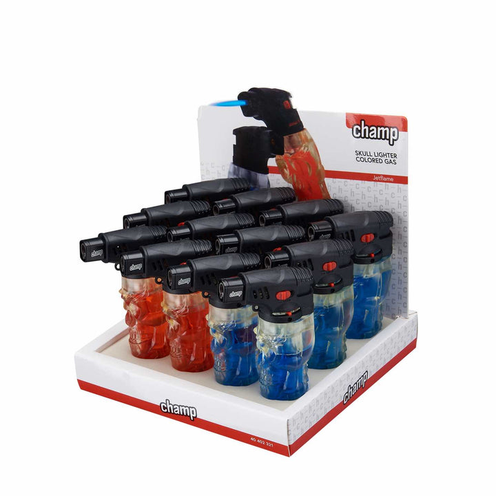 Display mit 12 Champ Skull Feuerzeugen mit farbigem Gas