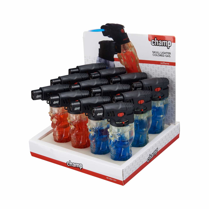 Display mit 12 Champ Skull Feuerzeugen mit farbigem Gas