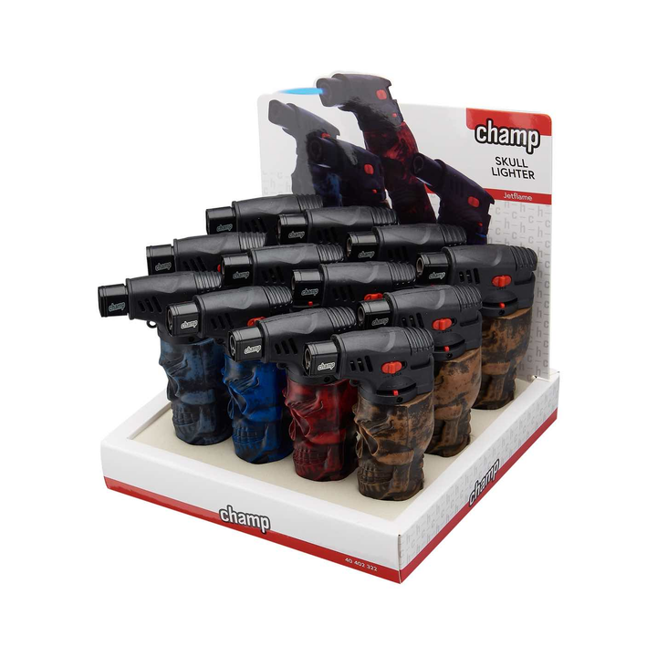 Display mit 12 Champ Skull Feuerzeugen Jetflame Blue