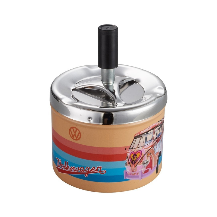 Oranger VW Samba Drehaschenbecher aus Metall mit Drehdeckel