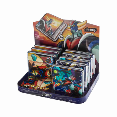 Display mit 8 Goldorak Zigarettenetuis aus Metall
