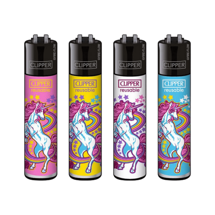 Clipper Unicorns Feuerzeuge im 4er-Set mit schwarzer Kappe