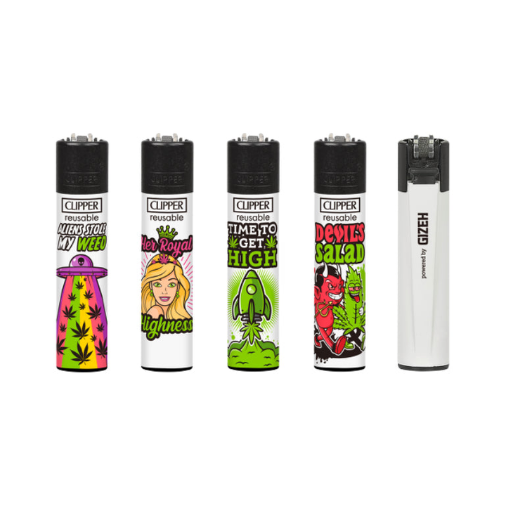 Clipper Feuerzeug Weed Slogan 8A, Display mit 48 Stück