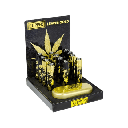 Clipper Metal Leaves Gold Display mit 12 Feuerzeugen
