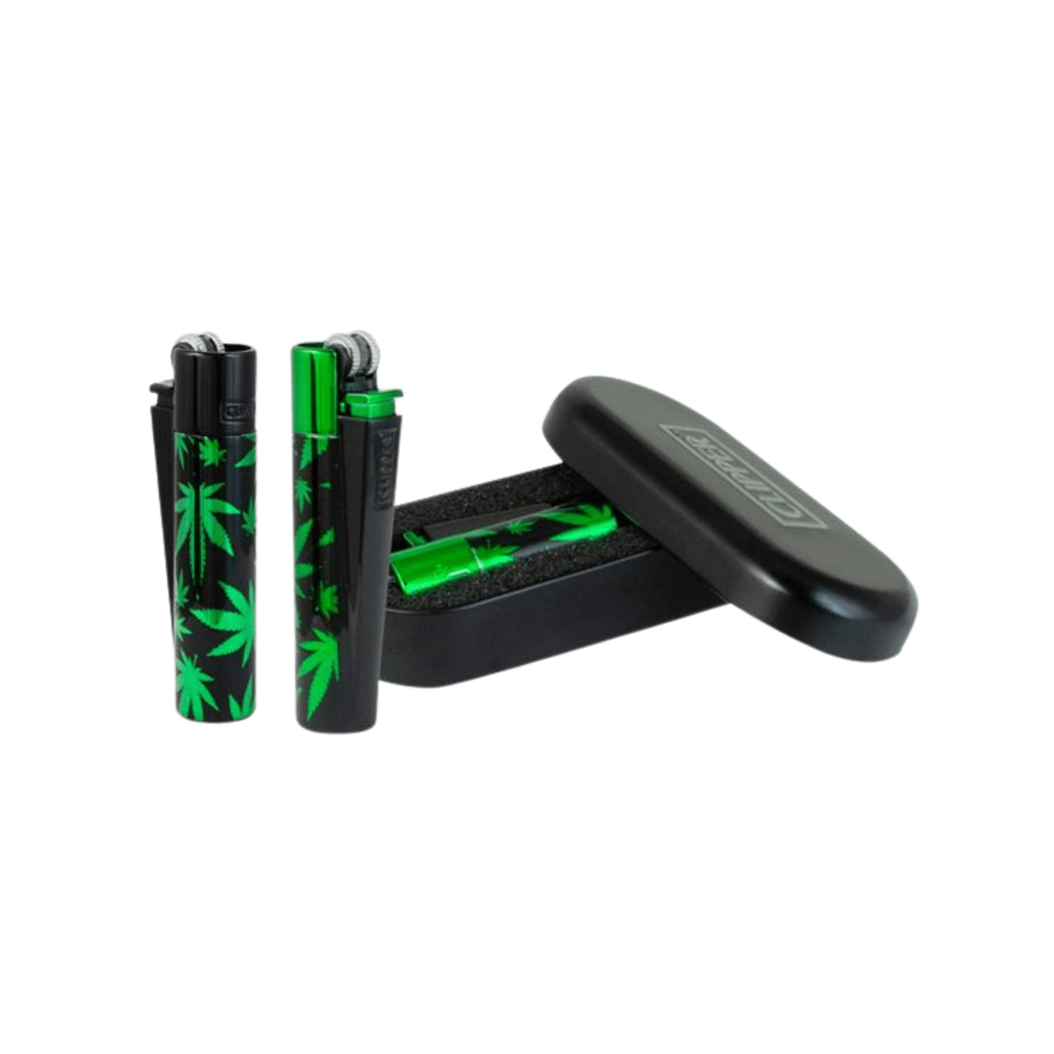 Clipper Metal Leaves Green Metall Feuerzeug mit Hanfblatt-Motiv
